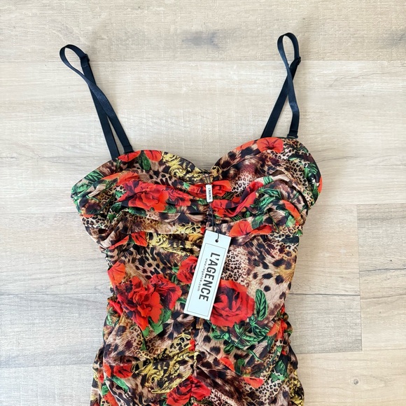 L’Agence red rose / leopard Caprice convertible stretch midi dress - 2 (XS) NWT - Picture 6 of 7